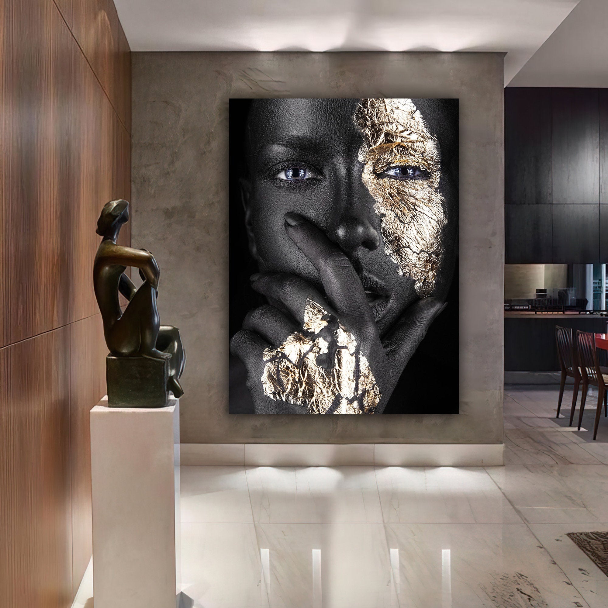 african woman silver glitter canvas painting ethnic painting black w