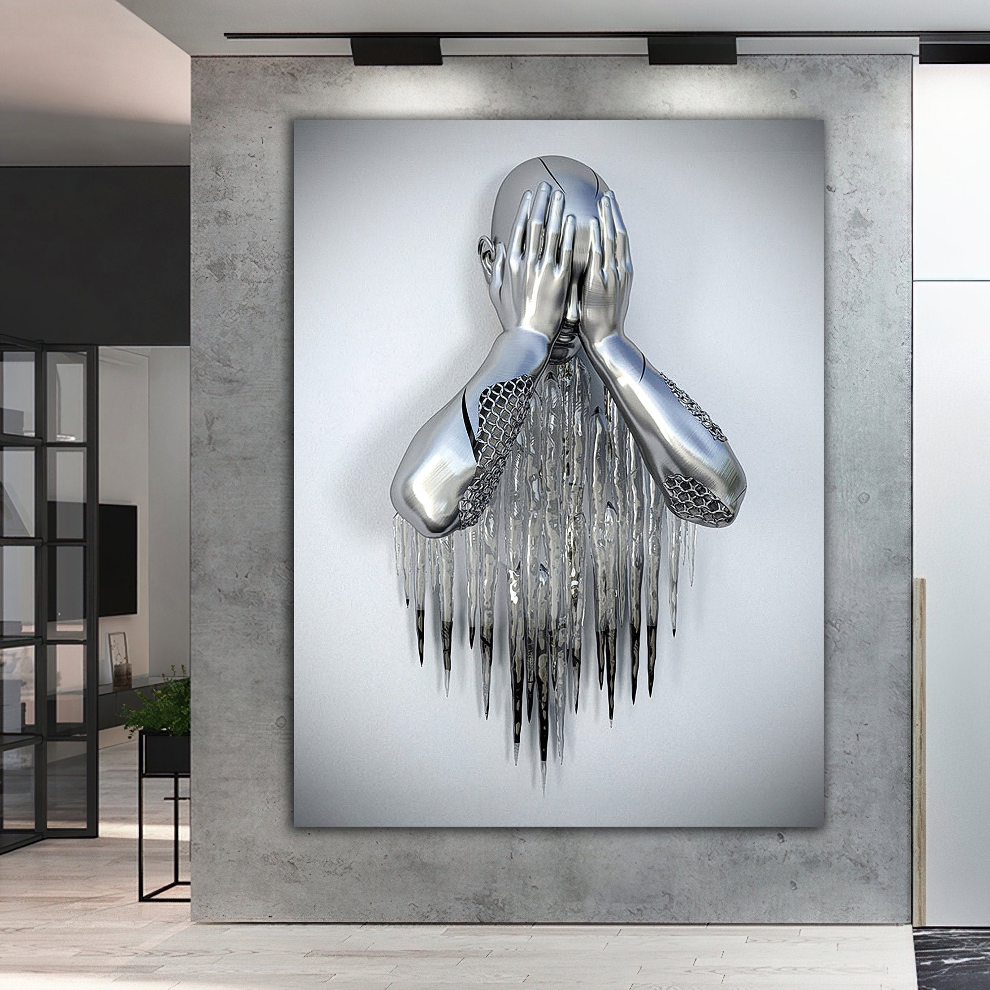 3d looking sculpture canvas painting, silver glitter textured man painting, crying robot canvas print