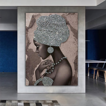 African woman silver glitter embroidered canvas painting, woman with silver hat canvas painting, african woman wall decor, african women art