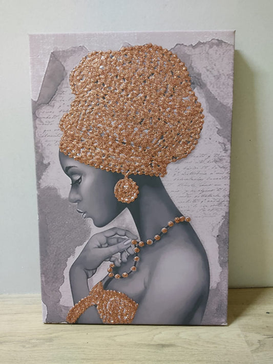 African woman bronze glitter embroidered canvas painting, woman with bronze hat canvas painting, african woman wall decor, african women art