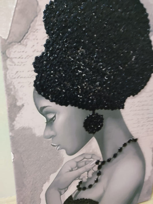 African woman black glitter embroidered canvas painting, woman with black hat canvas painting, african woman wall decor, african women art