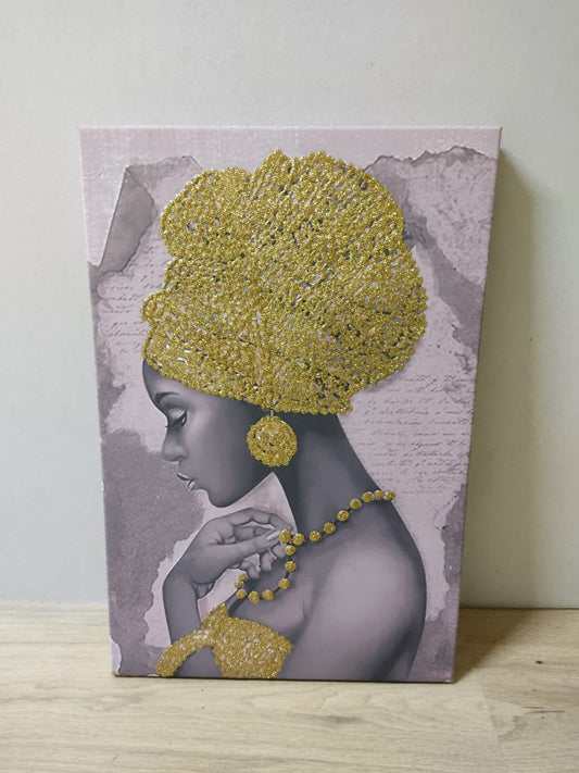 African woman gold glitter embroidered canvas painting, woman with gold hat canvas painting, african woman wall decor, african women art