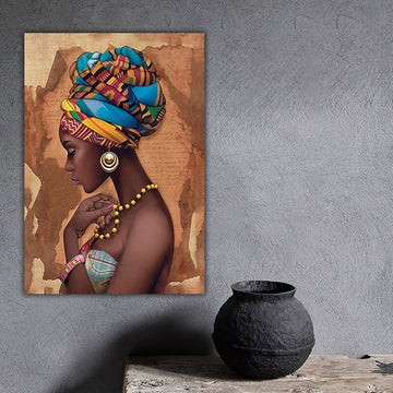 African women's canvas wall art with gold dress, ethnic women's paintimg,  african women's wall decor, glitter textured canvas table