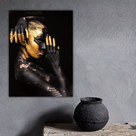 Black women's canvas painting with gold hand, ethnic women's paintimg,  african women's wall decor, glitter textured canvas table Home Decor