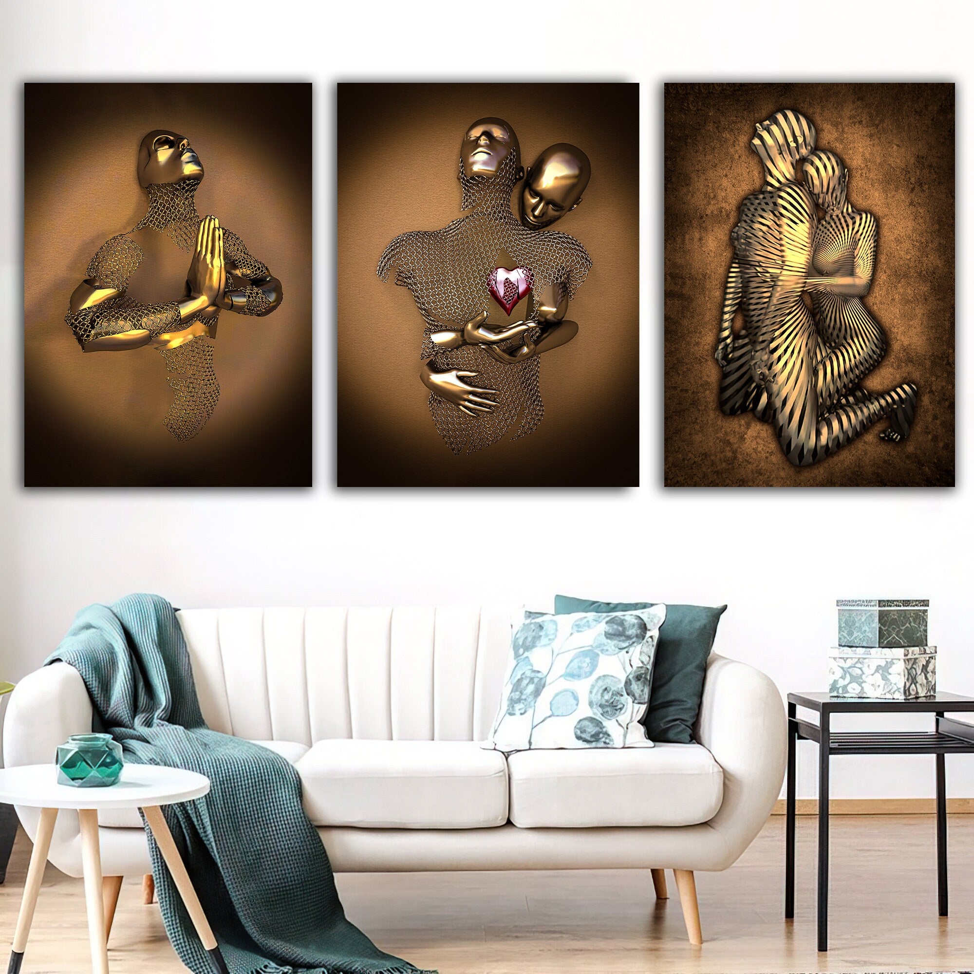 Meditation, hug, red heart canvas painting set, love couples canvas with bronze glitter texture, 3 d effect wall decor