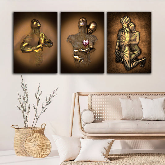 Meditation, hug, red heart canvas painting set, love couples canvas with bronze glitter texture, 3 d effect wall decor