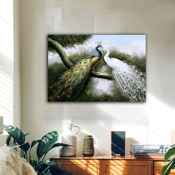 green and white peacocks canvas painting, gold and silver glitter textured peacock wall decor, peacock canvas painting