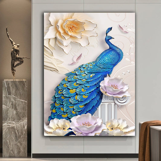 BLUE peacocks canvas painting,  silver glitter textured peacock wall decor, peacock canvas painting Wall Art