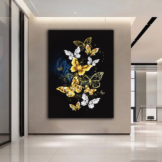 Butterflies canvas painting, flying butterflies blue, gold color canvas painting, gold glitter textured wall decor, butterflies painting