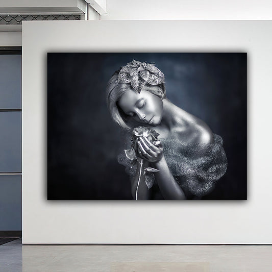 silver woman holding rose canvas painting, silver glitter textured painting, woman portrait canvas painting