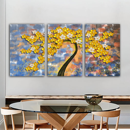 yellow tree canvas painting, abstract tree 3 piece painting set, autumn tree canvas painting