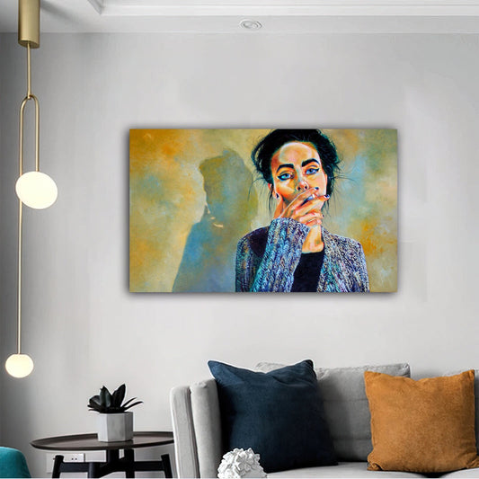 smoking woman canvas painting, cigarette and woman painting, smoking colorful woman painting