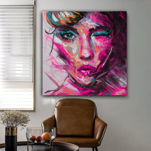 colorful woman canvas painting, oil painting textured woman face canvas painting, paint textured painting art