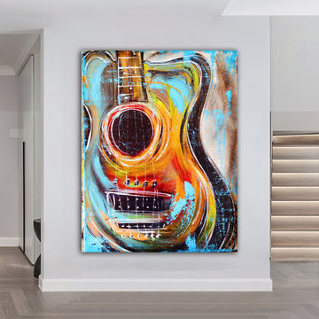 colorful guitar canvas painting, musical instrument painting, oil painting textured painting, electric guitar canvas painting