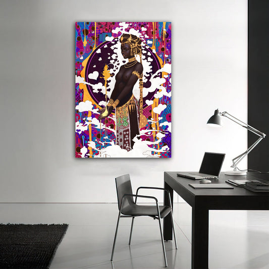 Black women's canvas painting with gold dress, ethnic women's paintimg,  african women's wall decor, ethnic woman art gift