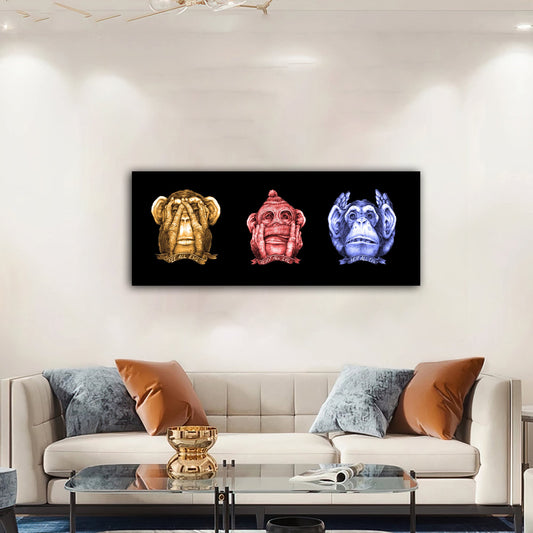 3 monkeys canvas painting, I did not see, I did not hear, I do not know canvas painting, colorful monkeys wall art