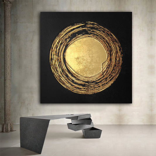 gold rings abstract canvas painting, abstract wall decor with gold glitter texture