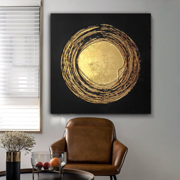 gold rings abstract canvas painting, abstract wall decor with gold glitter texture