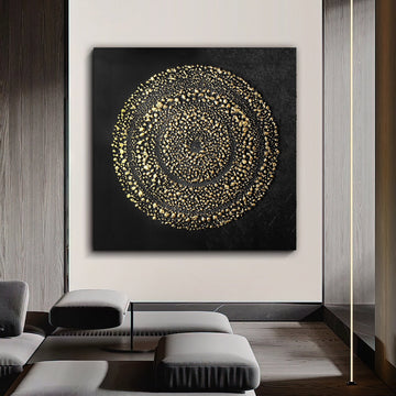 gold rings abstract canvas painting, abstract wall decor with gold glitter texture canvas