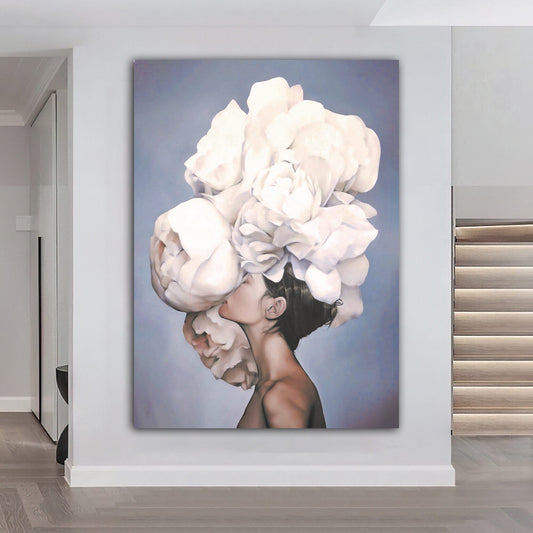 woman with flower head canvas painting, white roses and woman painting, flower woman painting, flowers and woman painting