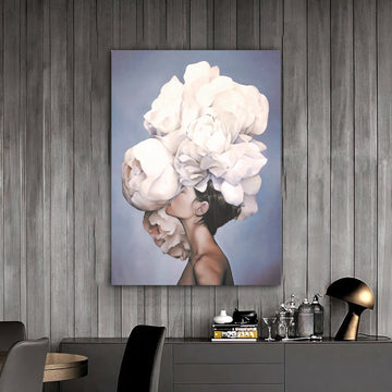 woman with flower head canvas painting, white roses and woman painting, flower woman painting, flowers and woman painting