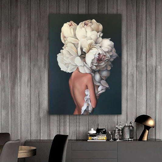 woman with flower head canvas painting, white roses and woman painting, flower woman painting, flowers and woman painting Art Exhibition