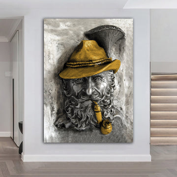 old man smoking pipe canvas painting, smoking man painting, 3 d effect man painting,