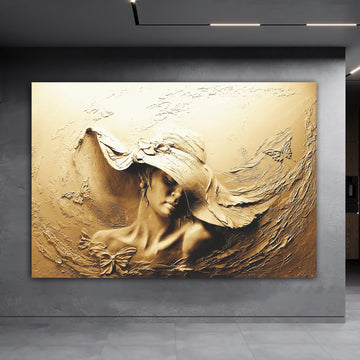 stone woman canvas painting, 3d effect woman painting, woman with hat canvas painting, bronze woman painting