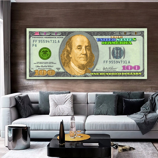 Benjamin Franklin Dollar Art, 100 Dollars Bill Canvas, Money Wall Decor, usd wall art, Money Pop Art Canvas, 100 Bill Cash Wall Art home