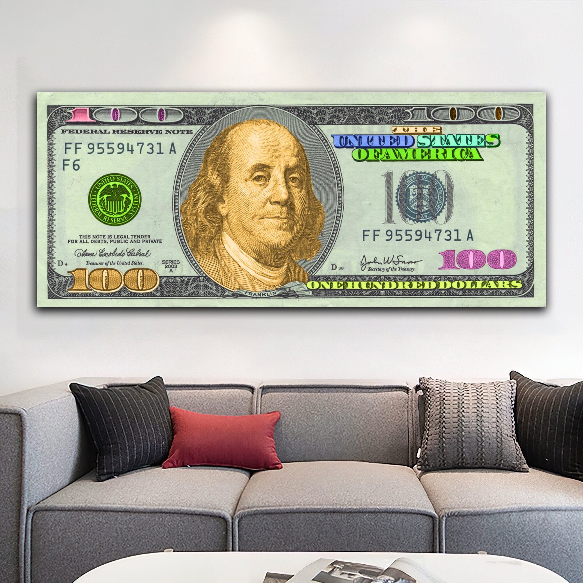Benjamin Franklin Dollar Art, 100 Dollars Bill Canvas, Money Wall Decor, usd wall art, Money Pop Art Canvas, 100 Bill Cash Wall Art home