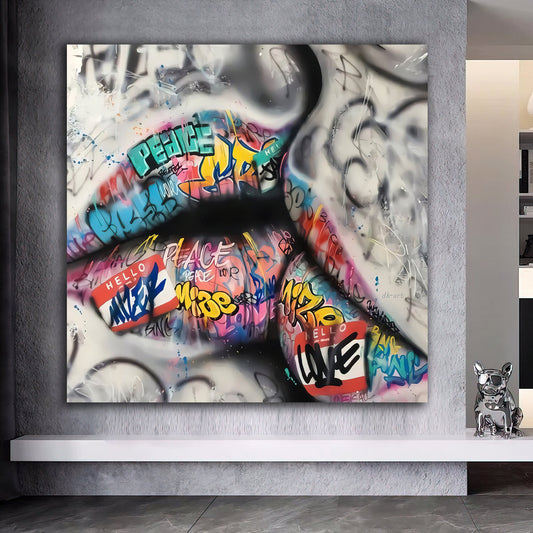 lips graffiti canvas painting, sexy lips canvas painting, colorful lip painting, lip pop art canvas