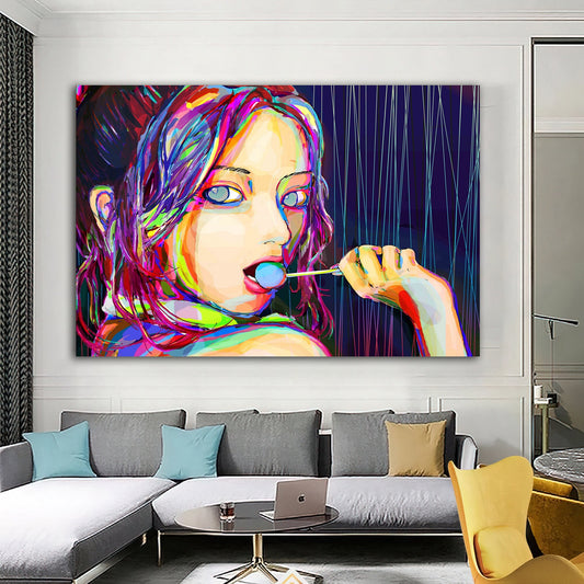 girl licking lollipop canvas painting, woman canvas painting, colorful girl painting