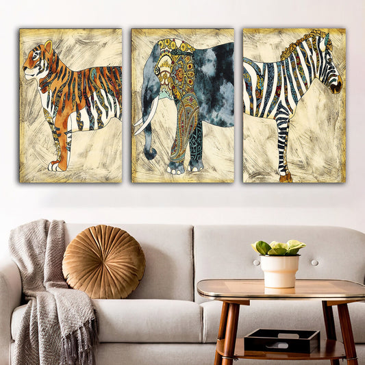 jaguar canvas painting, elephant canvas painting, zebra canvas painting, animal painting, animals wall art, 3-piece canvas painting