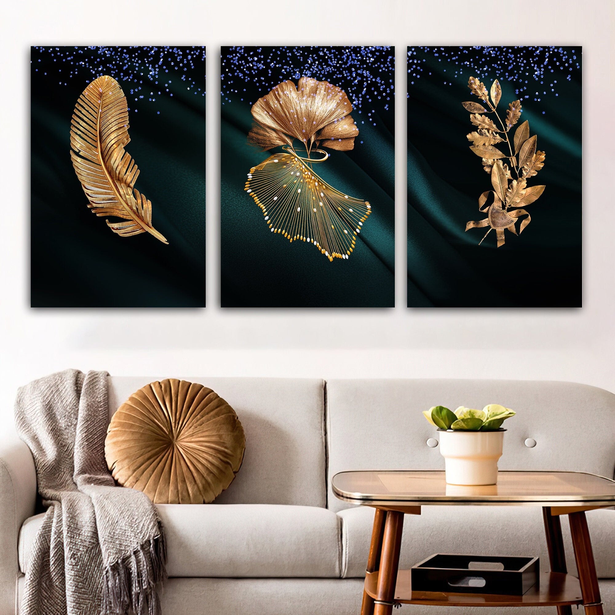 golden leaves canvas painting, leaves wall decor, leaves art, flower canvas painting,3 piece painting