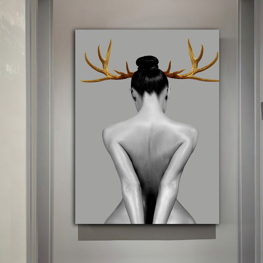 woman with horns canvas painting, naked deer woman painting, sexy woman wall decor, bedroom canvas painting