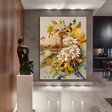daisies canvas painting, yellow daisy painting, bunch of flowers canvas painting, flowers canvas painting, leaves wall decor