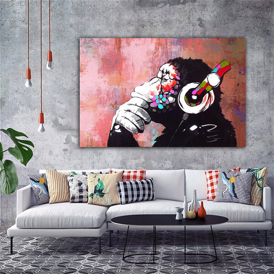 Banksy Dj Monkeycanvas wall art, thinking monkey canvas print, Animal Wall art, Headphone Monkey,  Large Wall Art, Banksy Monkey, Banksy Art