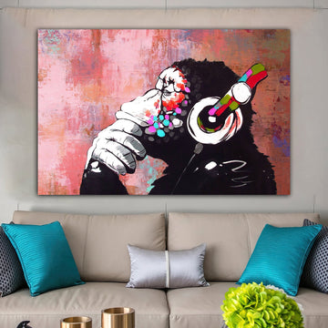 Banksy Dj Monkeycanvas wall art, thinking monkey canvas print, Animal Wall art, Headphone Monkey,  Large Wall Art, Banksy Monkey, Banksy Art