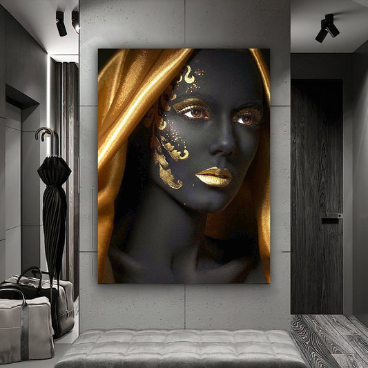 african woman gold glitter canvas painting, ethnic painting, black woman painting, african woman wall art, gold veiled woman canvas painting