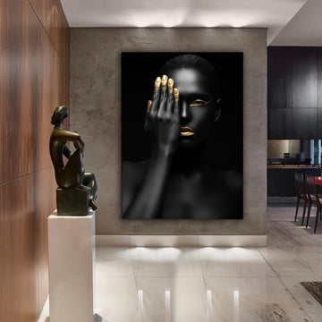 african woman gold glitter canvas painting, ethnic painting, black woman painting, african woman wall art, gold and black canvas painting Modern Art