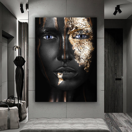 african woman silver glitter canvas painting, ethnic painting, black woman painting, african woman wall art, gold and black canvas painting Decorative Art