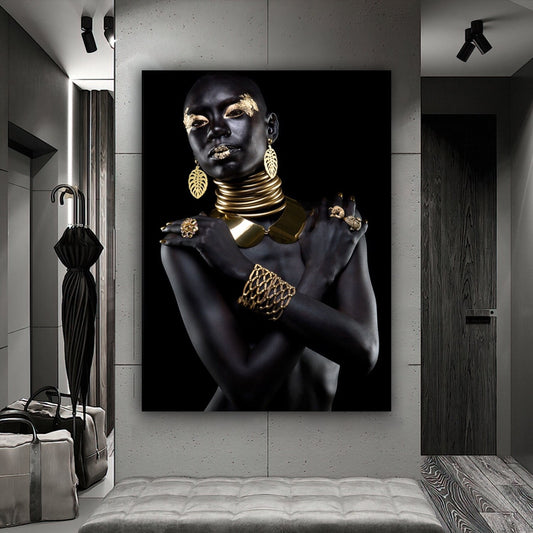 african girl gold glitter canvas painting, ethnic painting, black woman painting, african woman wall art, gold and black canvas painting Art Prints