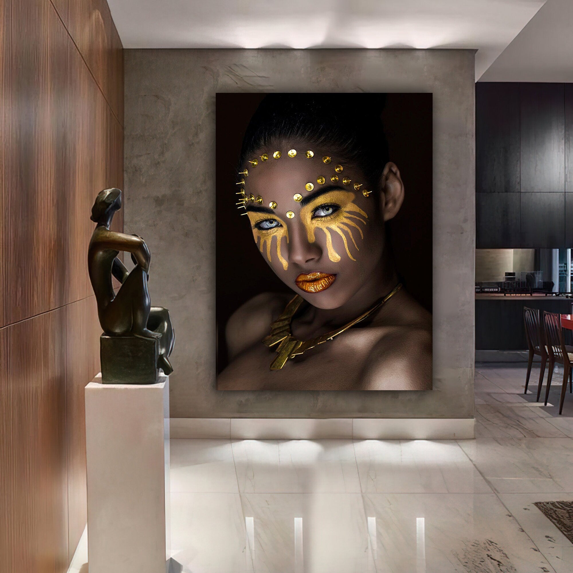 african girl gold glitter canvas painting, ethnic painting, black woman painting, african woman wall art, gold and black canvas painting Modern Art
