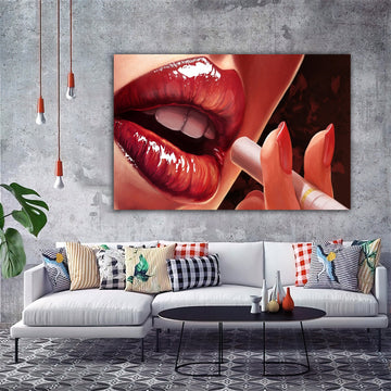 smoking woman canvas painting, cigarette and woman painting, smoking colorful woman painting, lips canvas painting