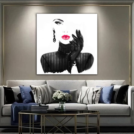 black and white woman canvas painting, woman painting with watercolor effect, woman wall decor