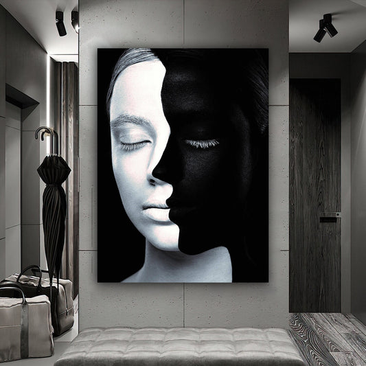 woman with 2 faces canvas painting, woman with black and white faces painting, good and evil canvas painting