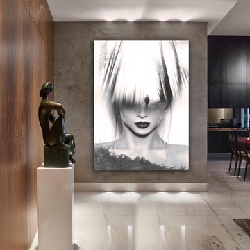 mystical woman canvas painting, black and white woman painting, illusion woman canvas painting