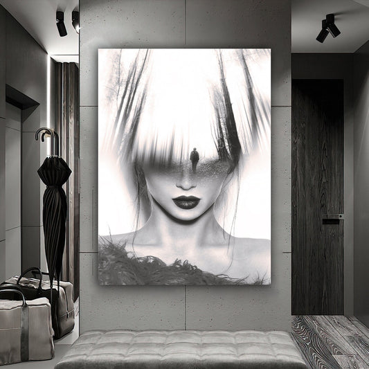 mystical woman canvas painting, black and white woman painting, illusion woman canvas painting