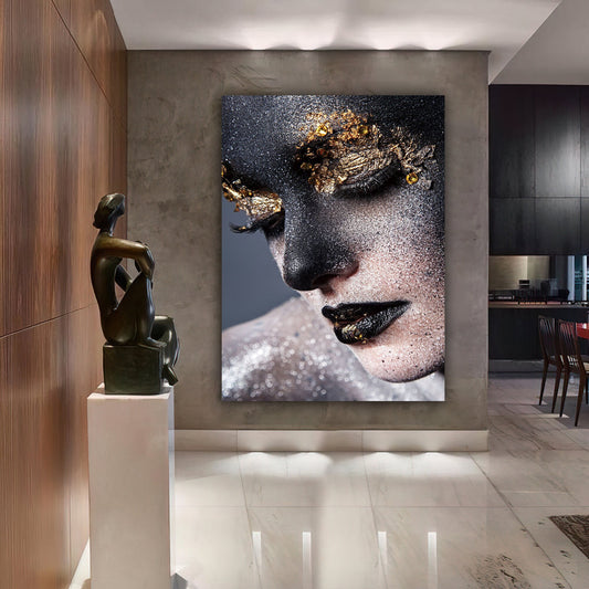 woman canvas painting, abstract woman painting, woman painting with drawings, gold glitter embroidered canvas painting