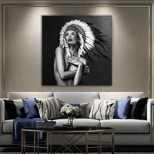 indian woman glitter embroidered canvas painting,black and white woman canvas painting, woman painting with watercolor effect, woman